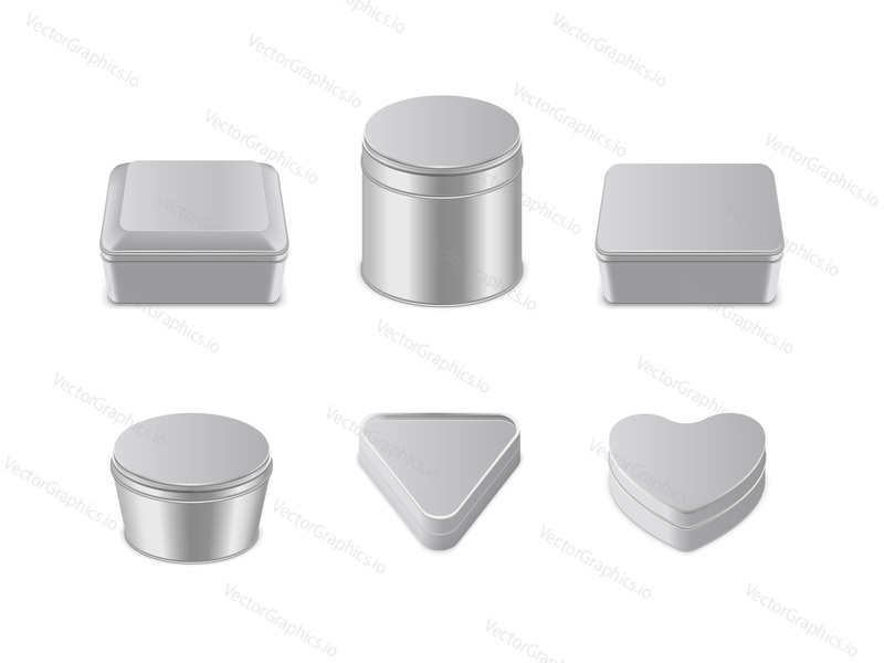 Metal box icon set. Square round triangle heart shaped metal boxes. Vector realistic illustration isolated on white background.