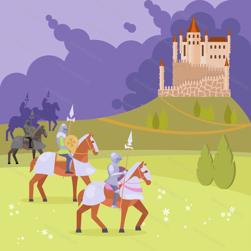 Средневековая сцена с рыцарями в доспехах на лошадях с копьями, приближающимися к замку, стоящему на холме. Векторная иллюстрация дизайна в плоском стиле.