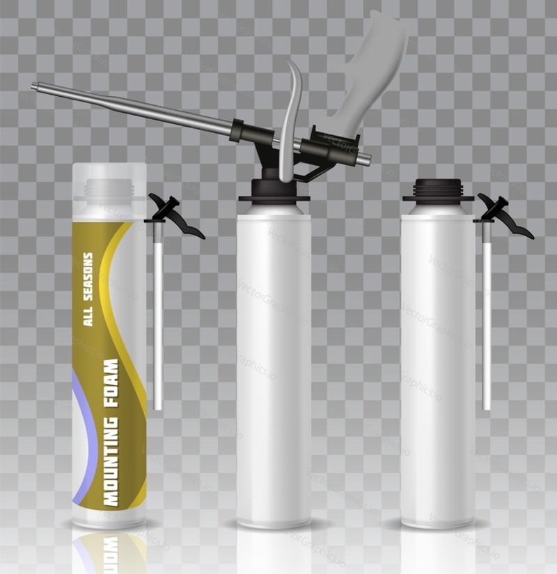 Polyurethane mounting foam packaging tube wih gun mockup set. Vector realistic illustration isolated on transparent background.