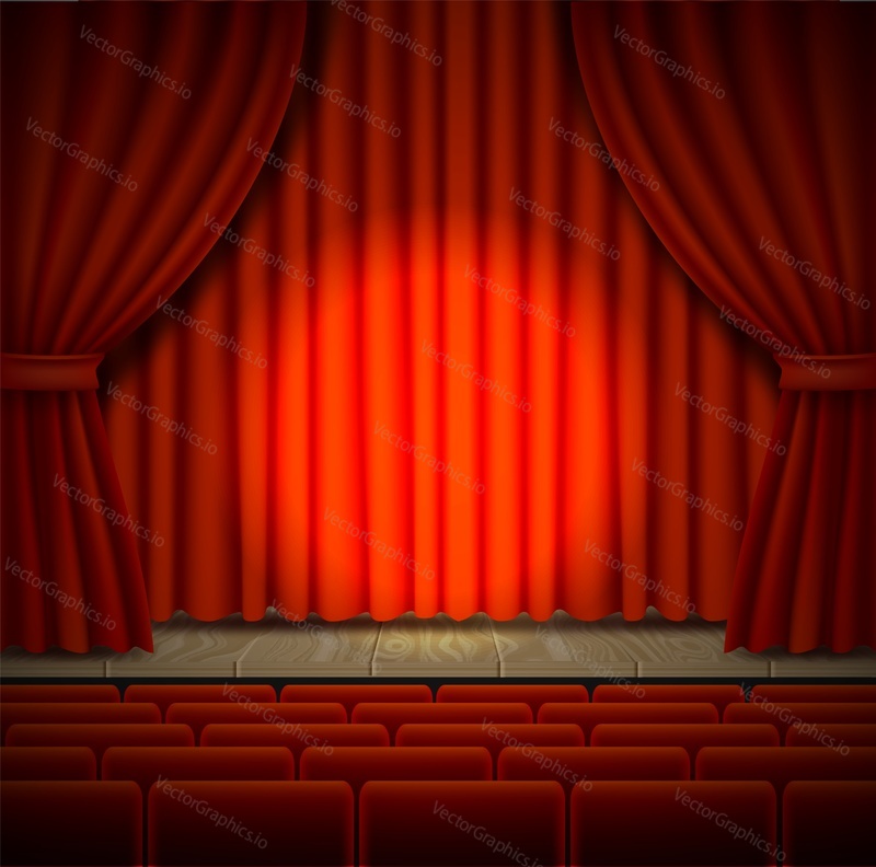 Empty concert stage. Vector realistic illustration of theater, opera or cinema scene with red curtains and chairs for audience.