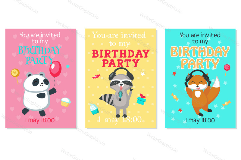 Birthday party invitation card template set. Vector hand drawn illustration of cute panda with balloon, raccoon and fox in headphones with sweets, gift boxes.