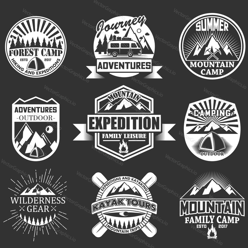 Vector set of outdoor adventure emblems, badges, labels, logo in retro style. Vintage chalkboard mountain forest camp hiking and expedition symbols, icons, typography design elements.