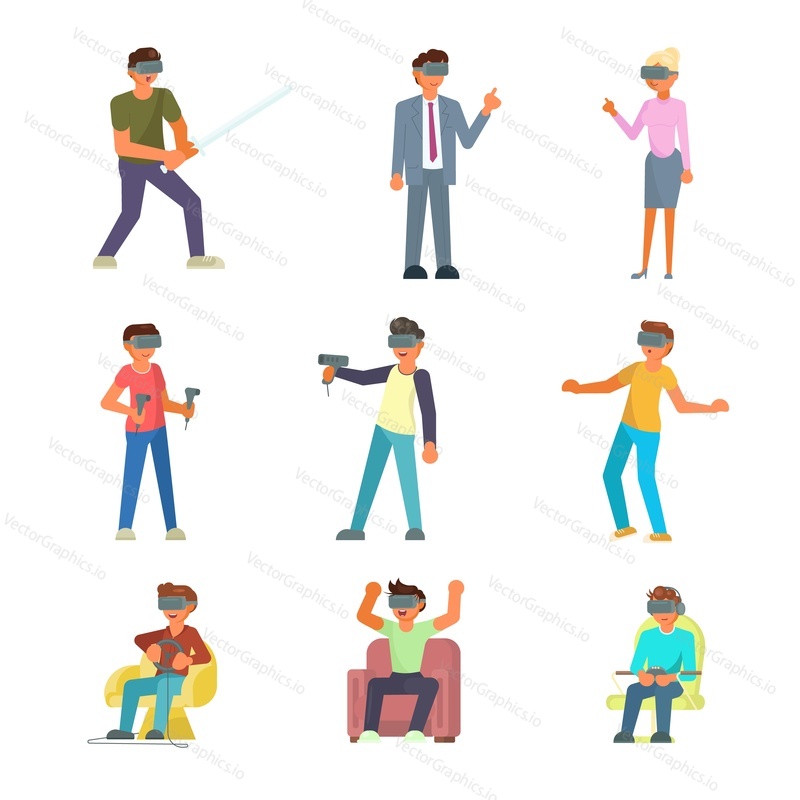 Virtual reality people icon set. Vector illustration of people in VR headset playing virtual games etc isolated on white background.