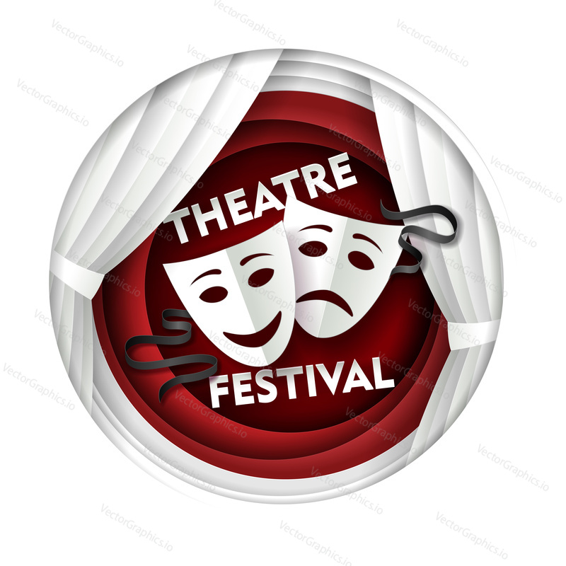 Theatre festival poster banner template. Vector paper cut theater decorations with comedy and tragedy theater masks in circle.