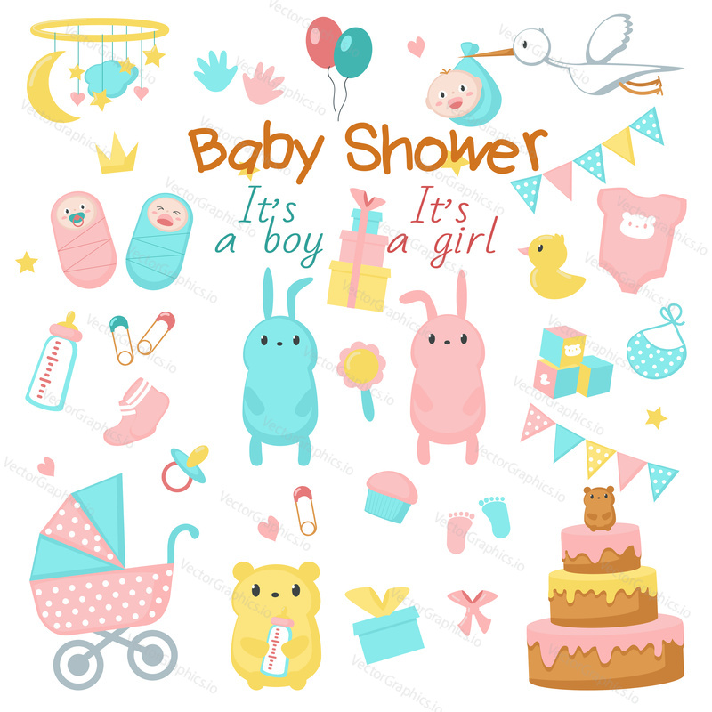 Baby shower icon set. Vector hand drawn illustration of cute newborn babies, funny pink and blue animals bunnies bears, sweets, party decorations. Baby shower invitation greeting card design elements.