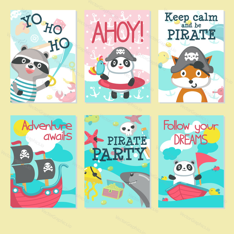 Pirate party invitation card template set. Vector illustration of cute animals panda, raccoon, fox in pirate hats, ship with pirate flags, jellyfish with eye patch, handwritten quotations.