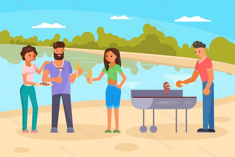 Two couples friends having bbq party in countryside near lake. People cooking meat, sausages on grill, drinking beer. Vector flat style design illustration.