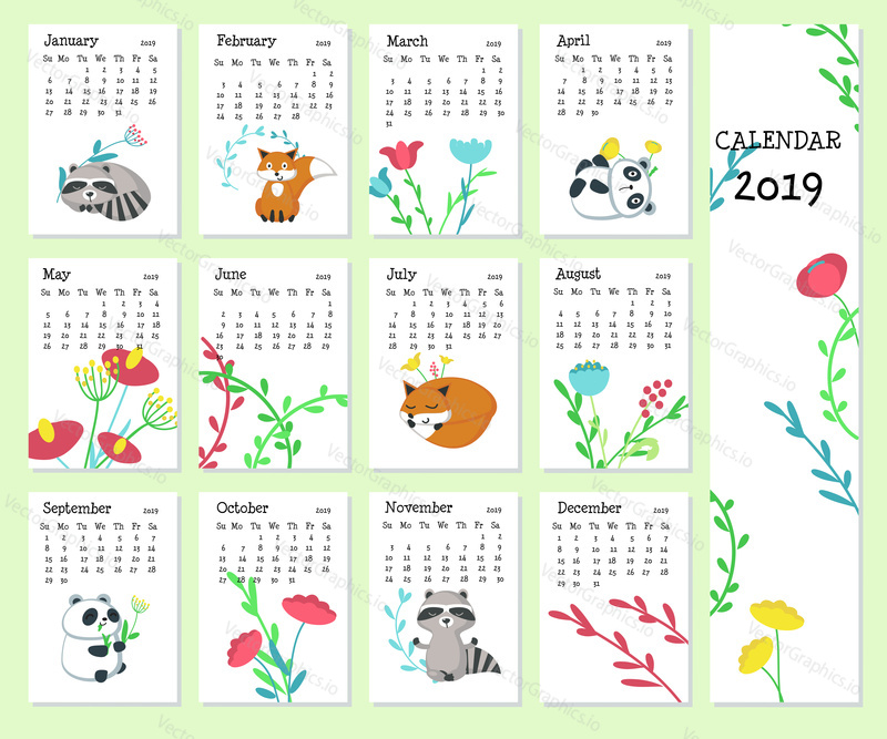 2019 yearly calendar vector template with sunday-saturday format and cute animals panda, raccoon, fox and floral design.