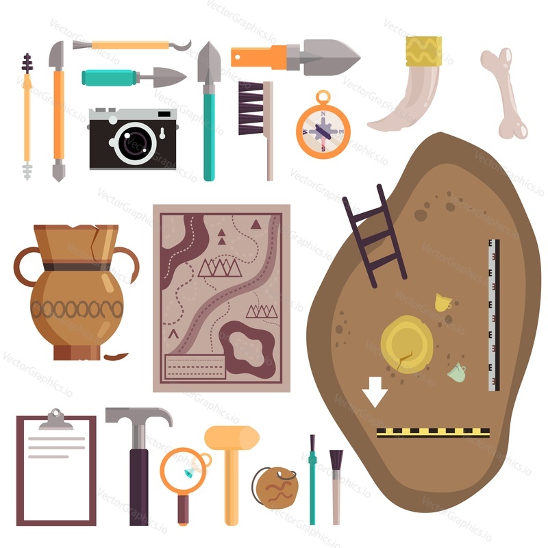 Archaeology icon set. Vector illustration of archaeological site, ancient artifacts, archaeological tools isolated on white background.