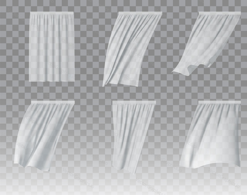 White fluttering curtain set. Vector realistic illustration isolated on transparent background.