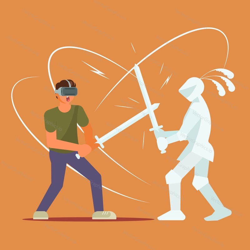Virtual reality technology and entertainment concept vector illustration. Boy in VR headset fighting with knight using sword. Flat style design.