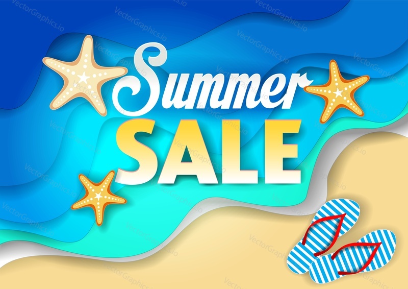 Summer sale poster, banner template. Vector paper cut ocean waves, sand, flip-flops and starfish.