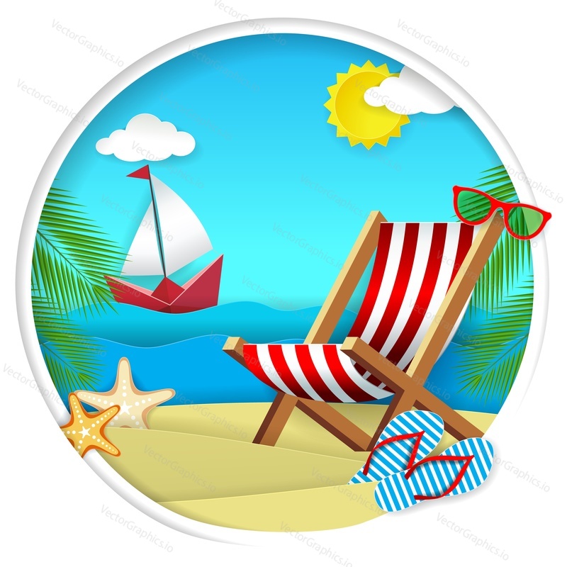 Summer beach vector paper cut illustration. Ocean beach with chaise lounge, flip-flops, sunglasses, tropical palm leaves, boat floating on water in circle. Summer travel concept for poster banner etc.