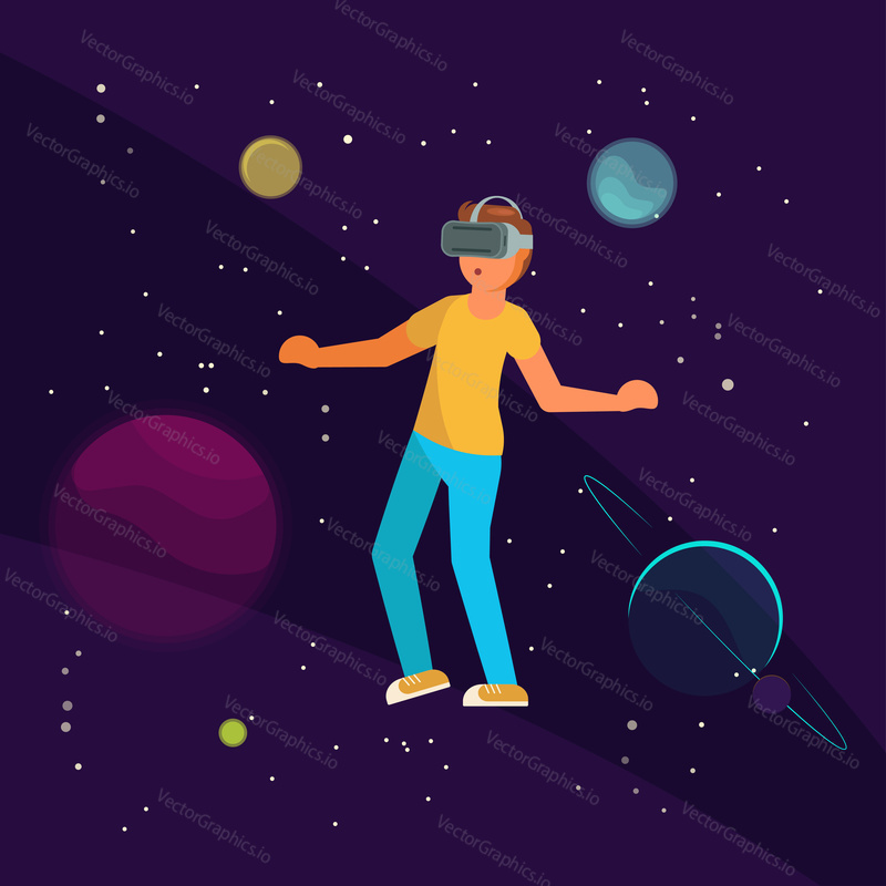 Virtual reality technology and entertainment concept vector illustration. Boy in VR headset flying in outer space with planets and stars. Space VR game.