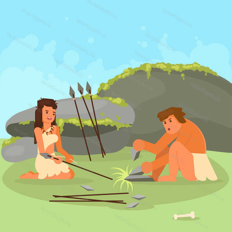 Stone age family couple making hunting tools stone spears. Vector flat style design illustration.