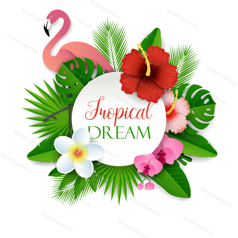 Tropical dream vector paper cut illustration with tropical flowers, palm leaves and pink flamingo. Tropical beach summer travel concept design element for poster banner etc.