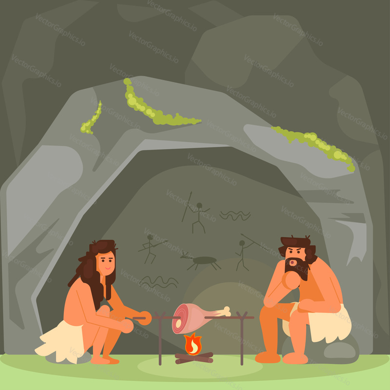 Stone age family couple cooking meat on open fire next to their cave home. Vector flat style design illustration.