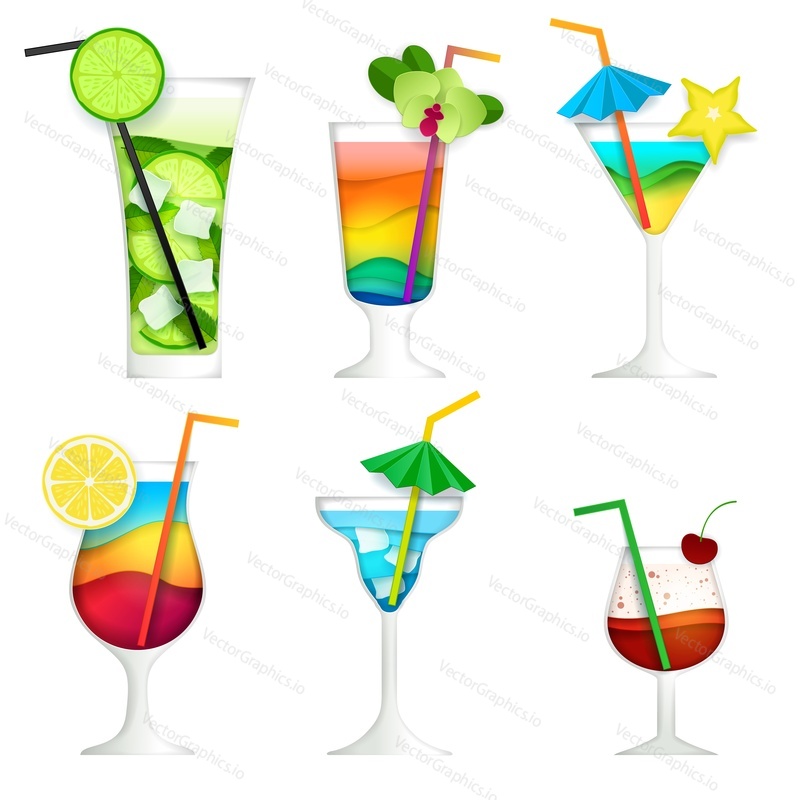 Cocktail summer drink icon set. Vector paper cut illustration isolated on white background.
