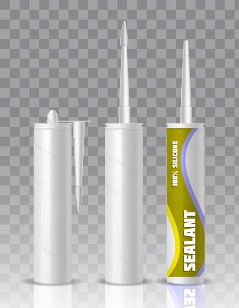 Silicone sealant packaging container tube with nozzle mock up set. Vector realistic illustration isolated on transparent background.