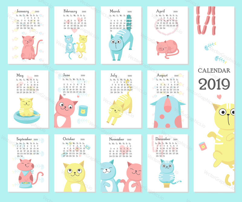 2019 yearly calendar vector template with sunday-saturday format and cute cats design.