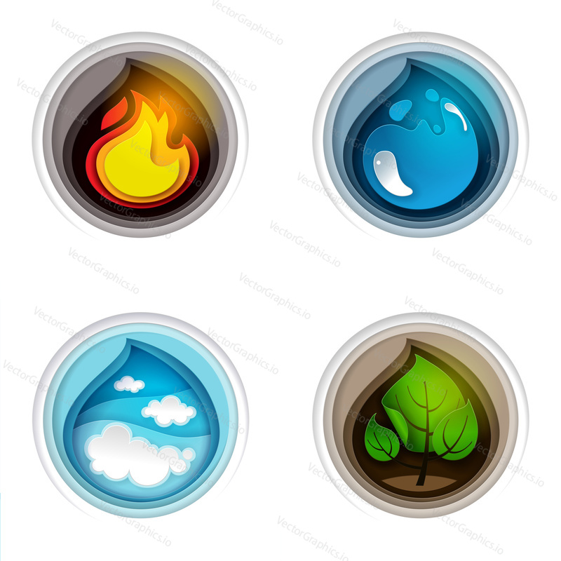 Four nature symbols elements. Vector paper cut flame, water drop, sky with clouds and leaves in circle.