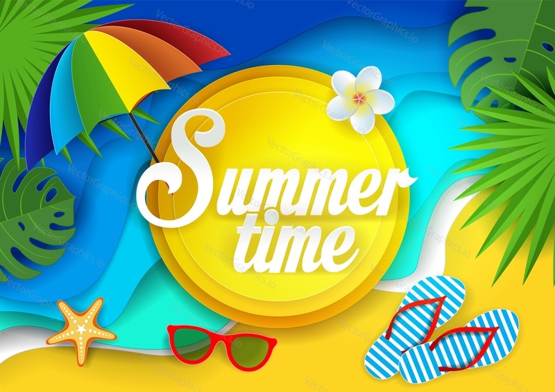 Summertime vector paper cut illustration. Tropical landscape with ocean waves, sand, palm leaves, beach umbrella, flip-flops, sunglasses, starfish. Beach holidays poster, banner summer card template.