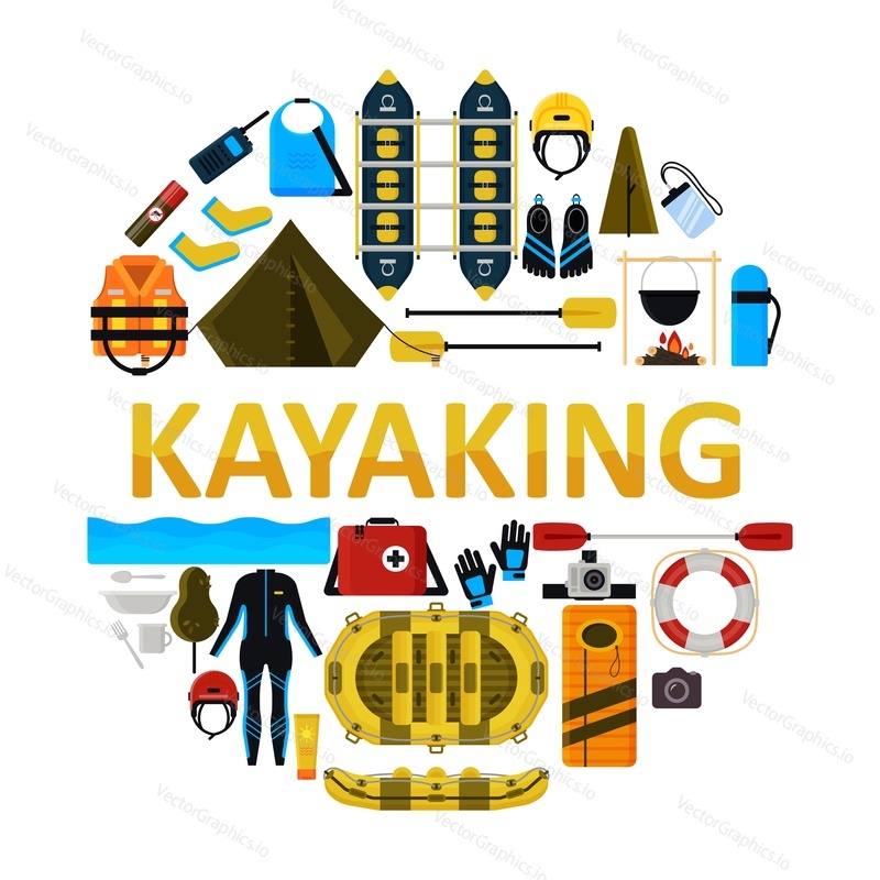 Kayaking icon set. Vector illustration of water sport equipment, protective gear and camping items isolated on white background.