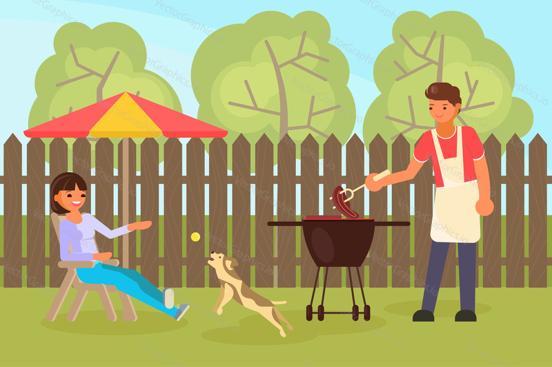Family couple having backyard bbq. Woman playing with pet dog while sitting on chair and man cooking meat on barbeque grill. Vector flat style design illustration.