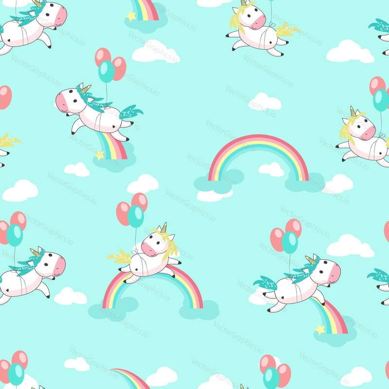 Magic unicorn seamless pattern. Vector hand drawn flying on balloons romantic unicorns with rainbows and clouds.