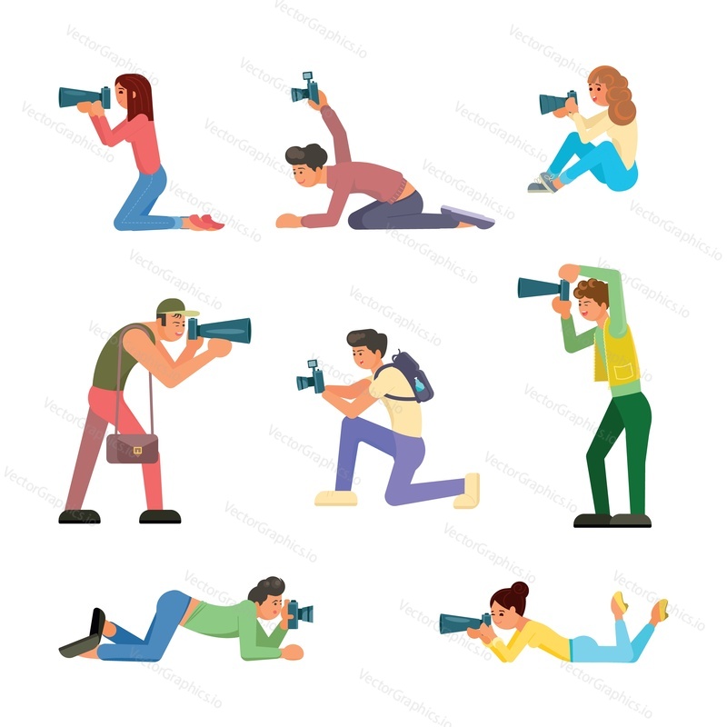 Paparazzi icon set. Vector illustration of professional male and female photographers in different poses taking photo using professional equipment.