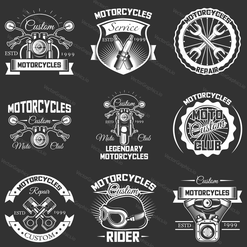 Vector set of motorcycle emblems, badges, labels, logo in retro style. Vintage chalkboard motorcycle repair service, motor club symbols, icons, typography design elements.