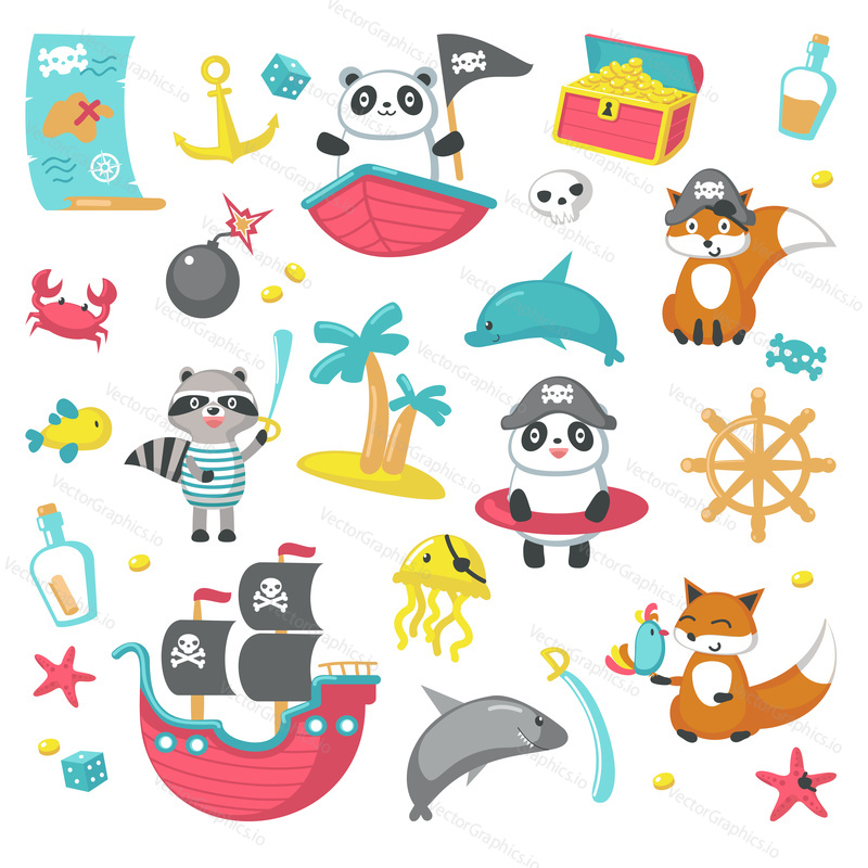 Pirate icon set. Vector illustration of cute animals panda, raccoon, fox in pirate hats, ship with pirate flags, jellyfish with eye patch and other marine items isolated on white background.