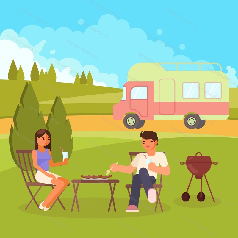 Family couple on picnic or bbq. Woman and man eating grilled sausages while sitting at picnic table. Vector flat style design illustration.