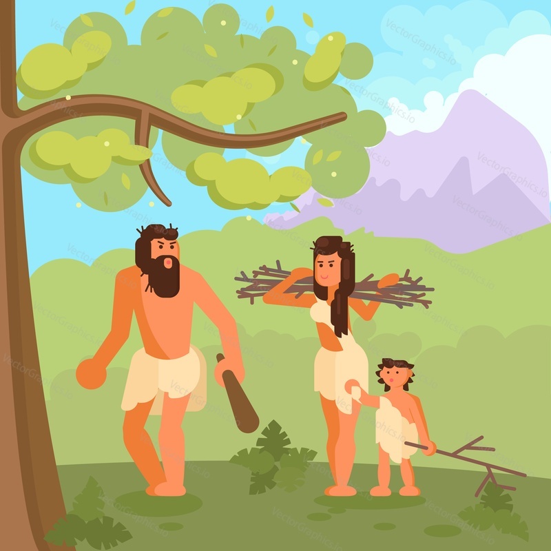 Stone age family gathering brushwood in forest to make fire. Vector flat style design illustration of father with wooden club, mother and daughter with dry branches.