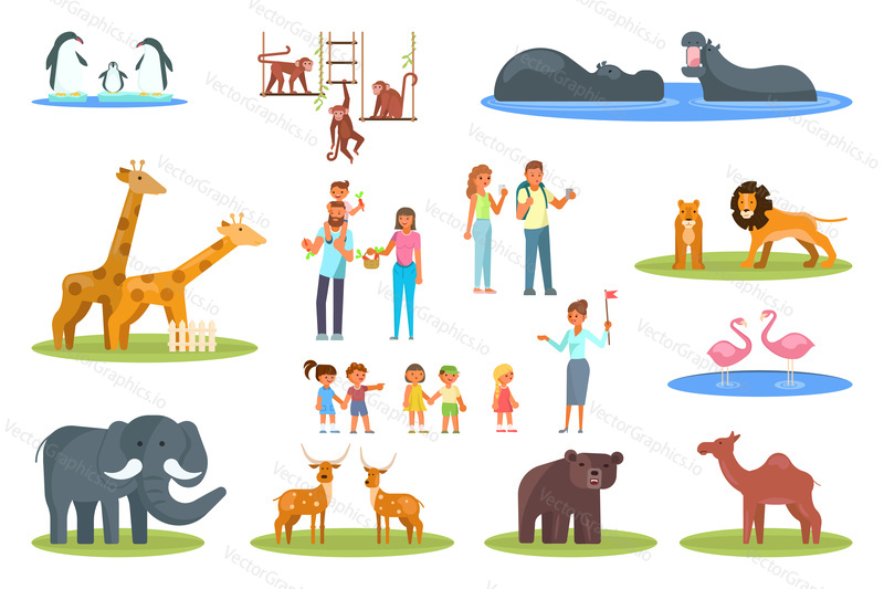Zoo icon set. Vector flat illustration of zoo animals and visitors happy families, adults, kids watching polar penguins, exotic and woodland animals isolated on white background.