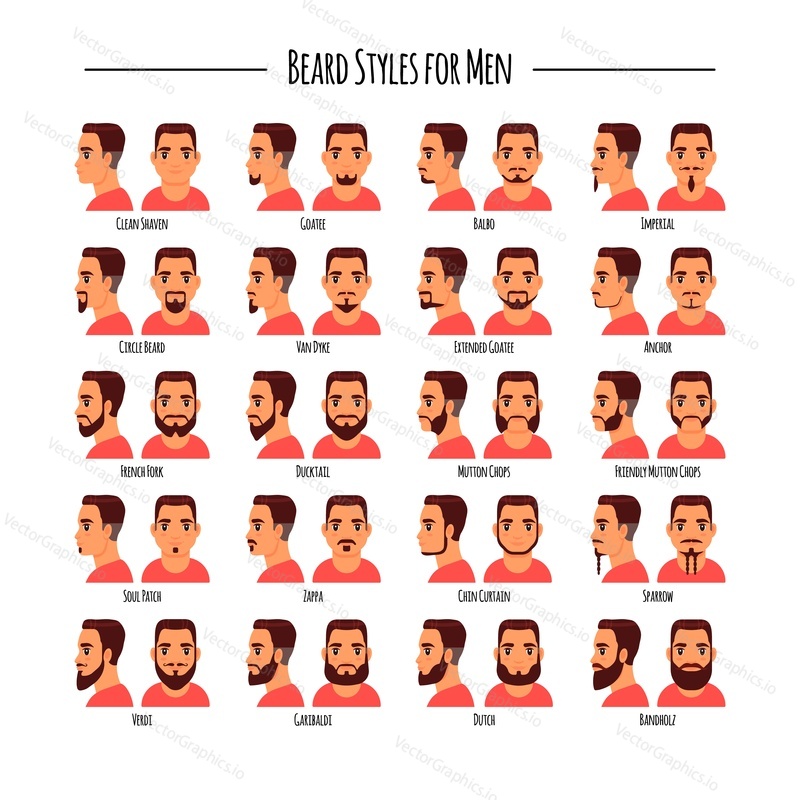 Beard styles for men icon set. Vector illustration isolated on white background. Logo, label, emblem design elements.