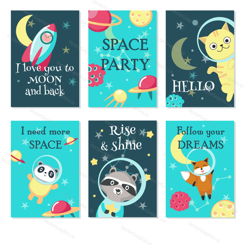 Space party invitation card template set. Vector illustration of cute animals panda, raccoon, fox, cat in space helmet, rockets, planets, ufo, stars, handwritten quotations.