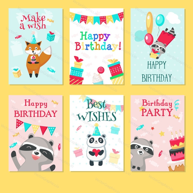 Happy birthday greeting cards. Vector hand drawn templates for kids birthday with cute animals pandas, raccoons, foxes with balloons, gift boxes, cakes, hearts, string flags party decorations.
