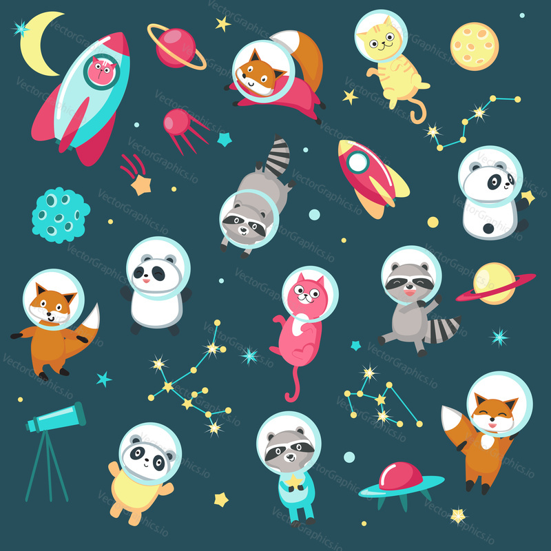Space icon set. Vector illustration of cute animals astronauts panda, raccoon, cat and fox in outer space, rockets, UFO, planets, constellations, stars.