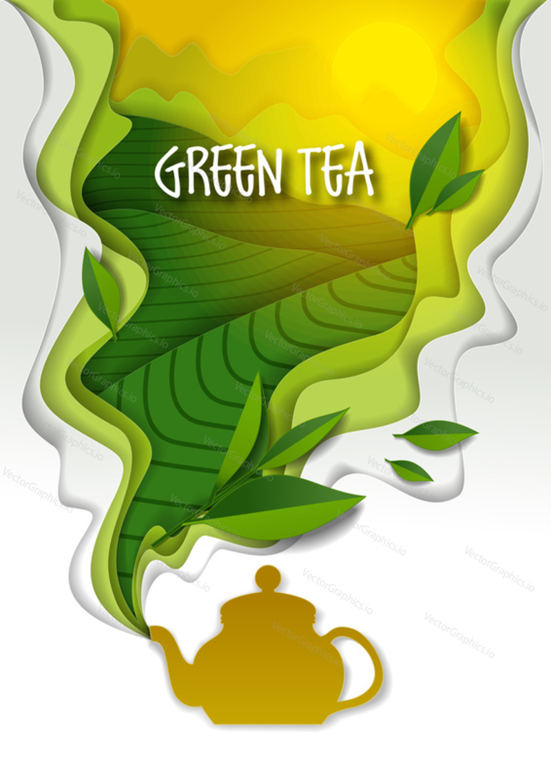 Ceramic teapot with spilling aromatic green tea and tea leaves. Vector illustration in paper art style.