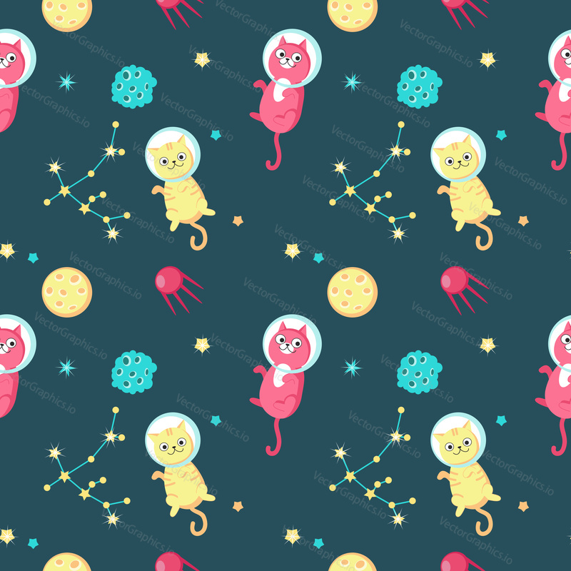 Cute cats in outer space vector seamless pattern. Creative design for fabric, textile, wallpaper, wrapping paper.