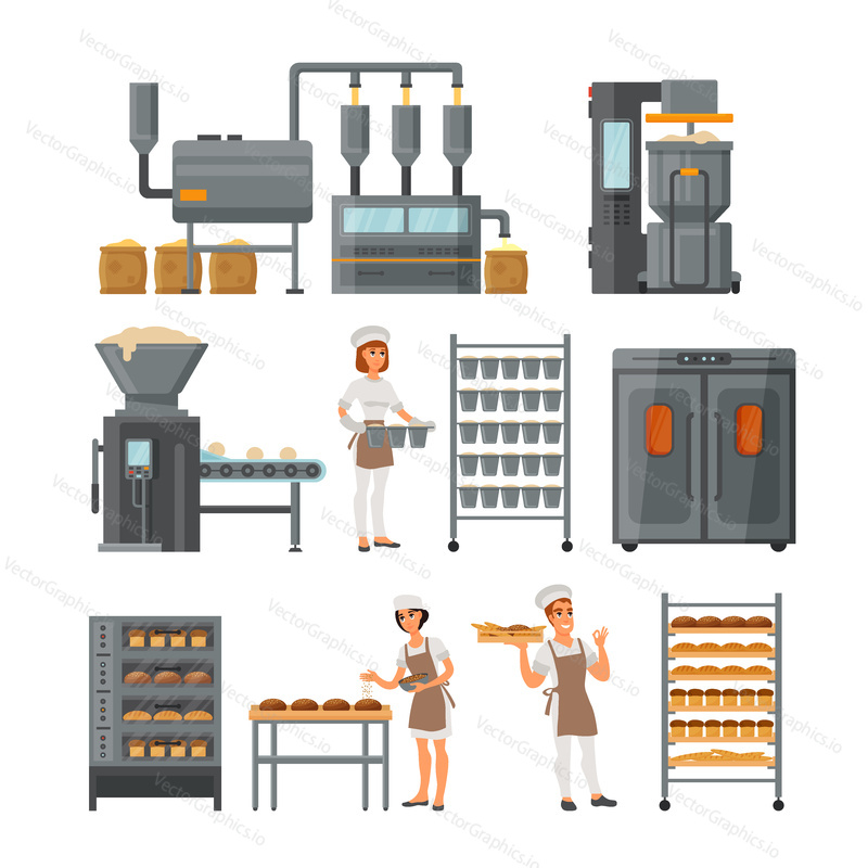 Bread production icon set. Vector illustration of flour grinding, dough kneading mixing molding and baking equipment, bakers working at bakery isolated on white background.