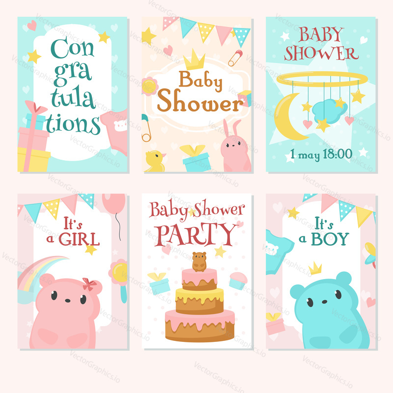 Baby shower invitation greeting card template set. Vector hand drawn illustration of cute animals bunnies, bears, baby toys, party decorations, gift boxes, cake and other sweets.