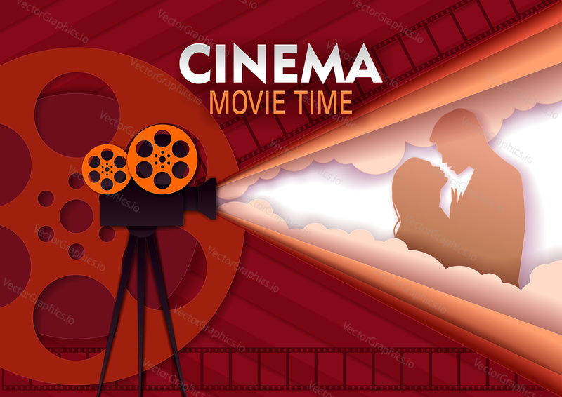 Шаблон баннера ретро-плаката Cinema movie time. Векторная иллюстрация, вырезанная из бумаги.