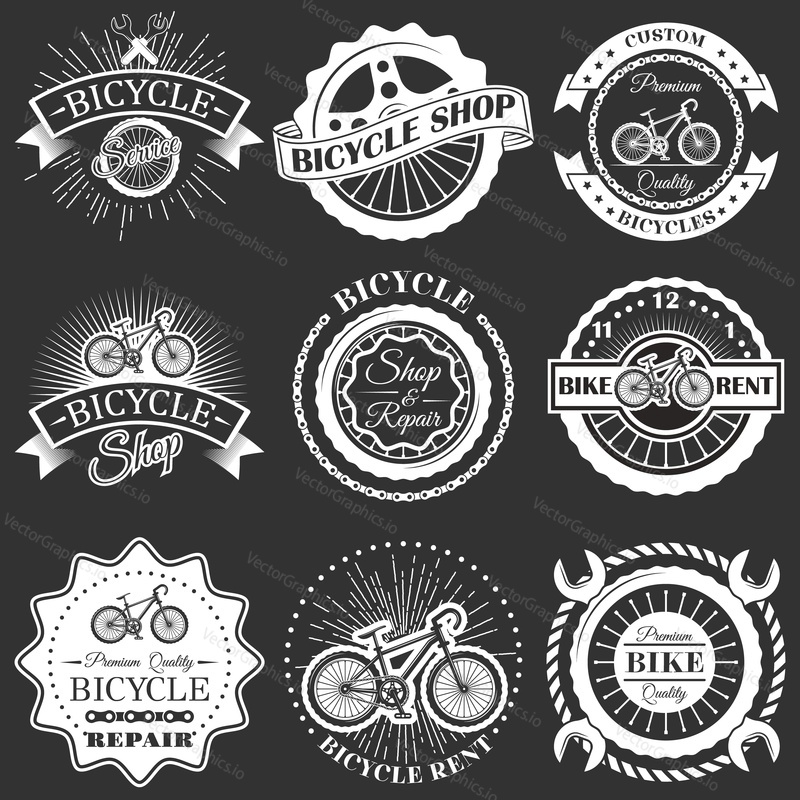 Vector set of bicycle shop repair rent service emblems, badges, labels, logo in retro style. Vintage chalkboard bike symbols, icons, typography design elements.