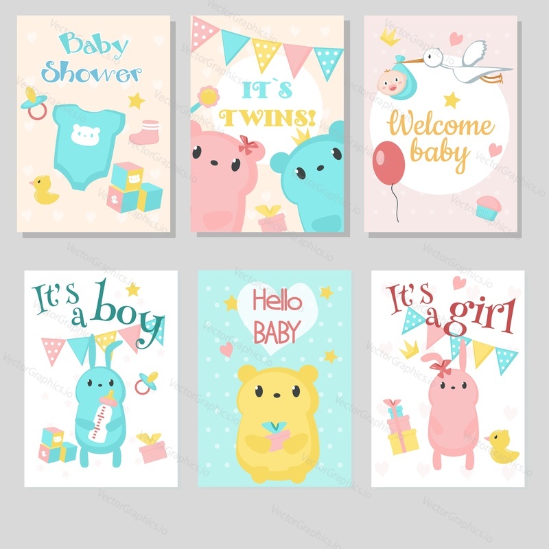Baby shower invitation greeting card template set. Vector hand drawn illustration of cute animals bunnies, bears, stork with newborn, baby clothing and accessories, party decorations.