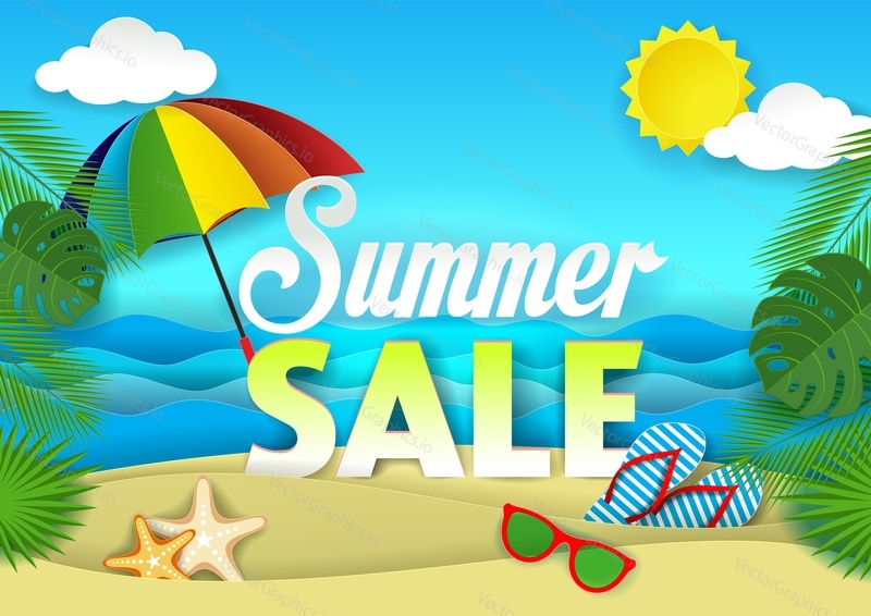 Summer sale poster, banner template. Vector paper cut ocean waves, beach, palm leaves, umbrella, flip-flops, sunglasses and starfish.