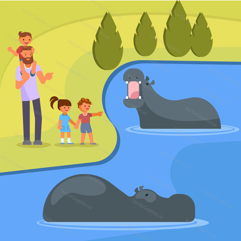 Zoo animals vector flat style design illustration. Happy family father with three kids watching swimming cute hippos.