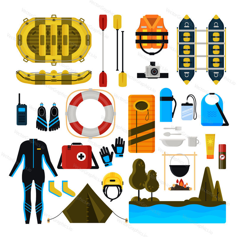 Rafting icon set. Vector illustration of white water rafting sport equipment, protective gear and camping items isolated on white background.