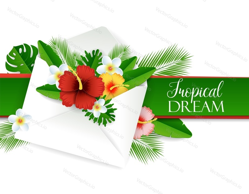 Envelope with tropical flowers. Vector paper cut tropical invitation card design template.